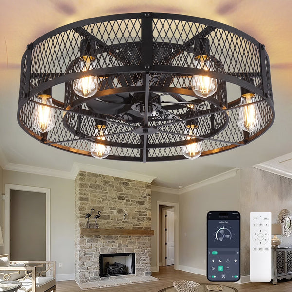 26 Inch Farmhouse Caged Ceiling Fan with Light, Remote & APP Control Quiet DC Motor E26 Bulbs Included Black